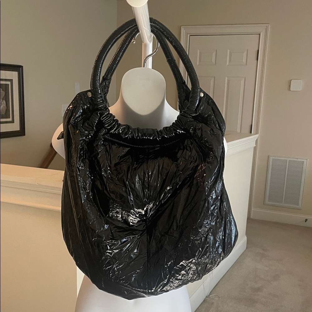 Christian Siriano Black Patent Hobo with Gathered Top Handles